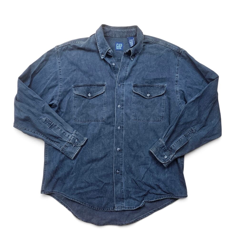 GAP Chambray Button Up Shirt Men's L VTG 90s USA faded Denim Western Workwear